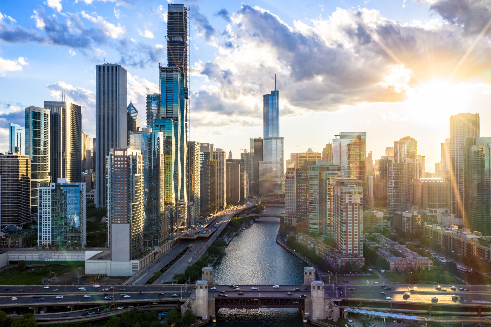 Aerial View of Downtown Chicago at Sunset